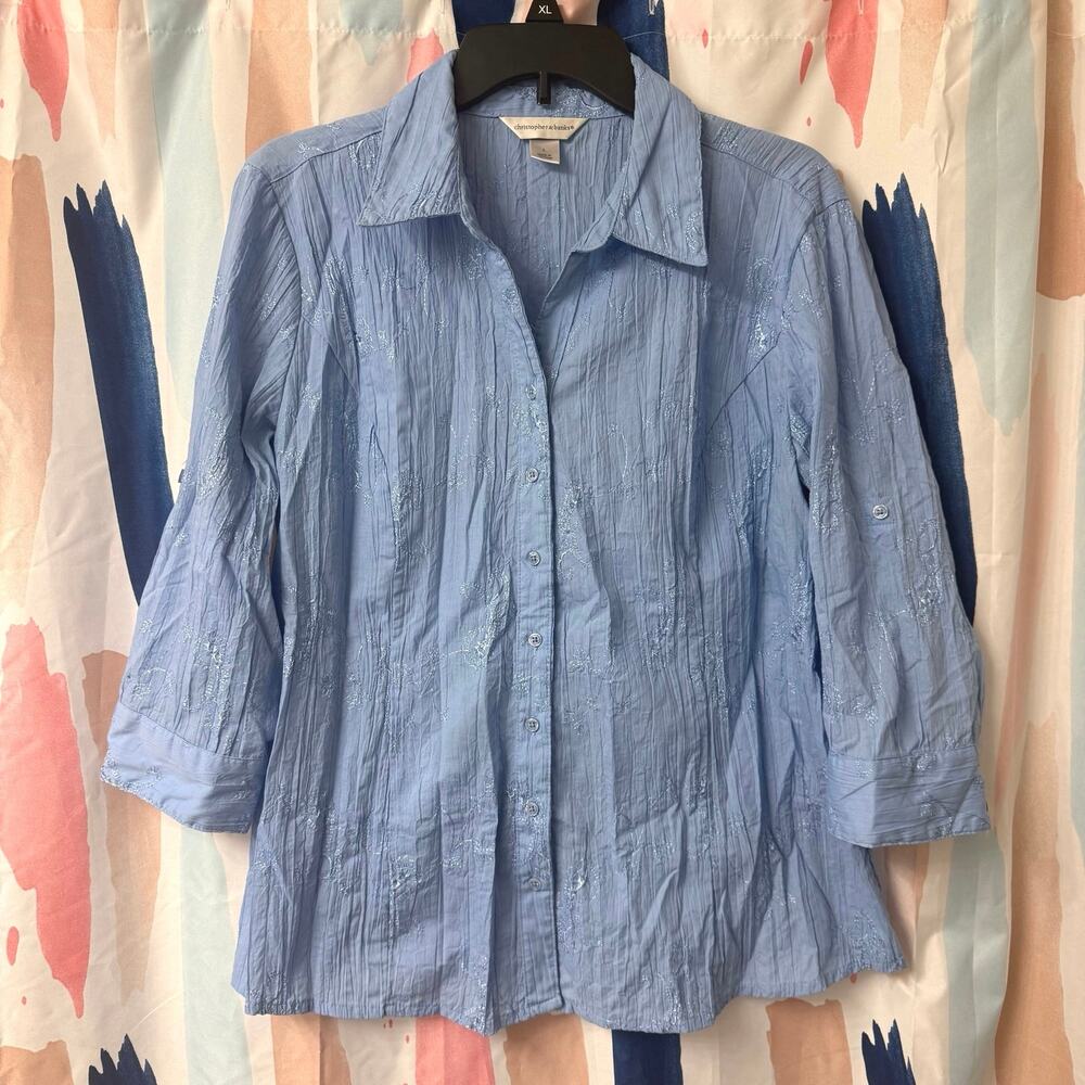 Christopher & Banks Blue Embroidered Floral Quarter Sleeve Button Front Shirt